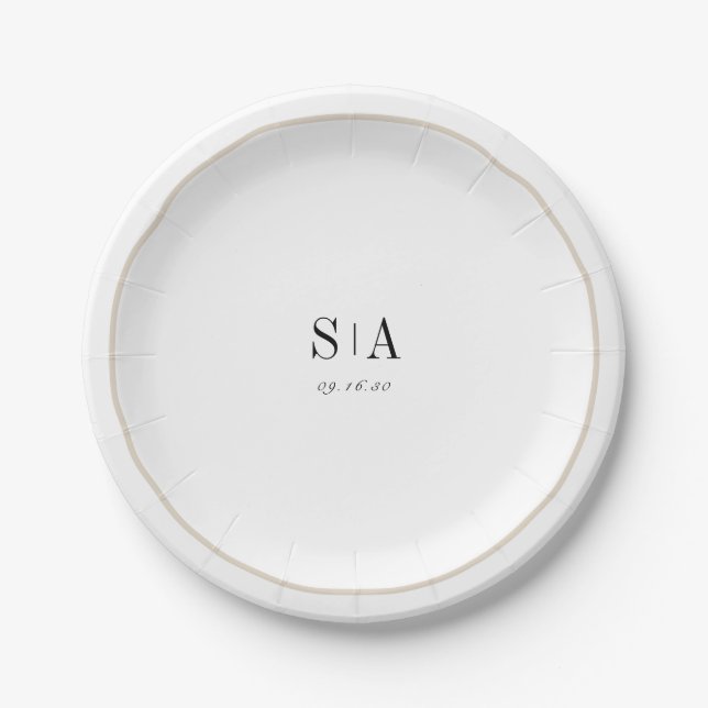 Sophisticated monogram black and white minimalist paper plate (Front)