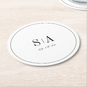 Sophisticated monogram black and white minimalist round paper coaster