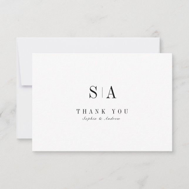 Sophisticated monogram black and white minimalist thank you card (Front)