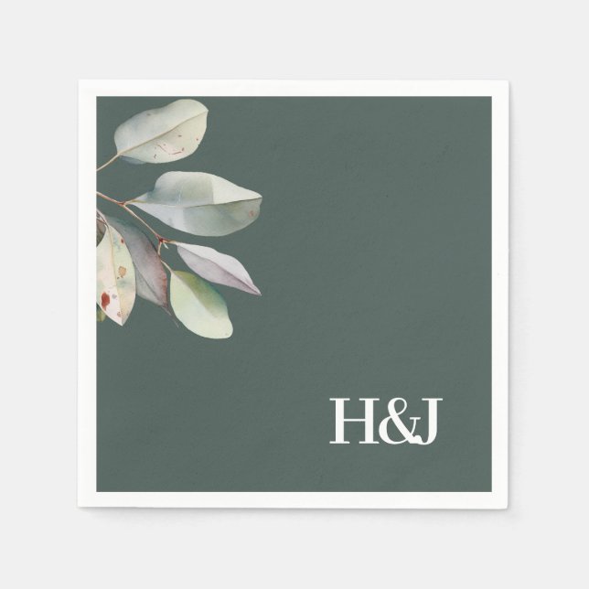 Sophisticated monogram eucalyptus leaves  napkin (Front)