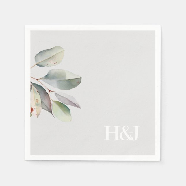 Sophisticated monogram eucalyptus leaves  napkin (Front)