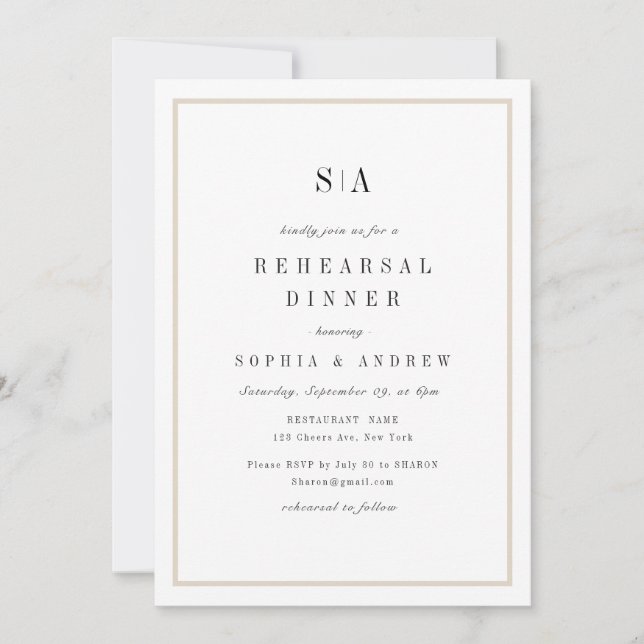 Sophisticated monogram minimalist Rehearsal Dinner Invitation (Front)