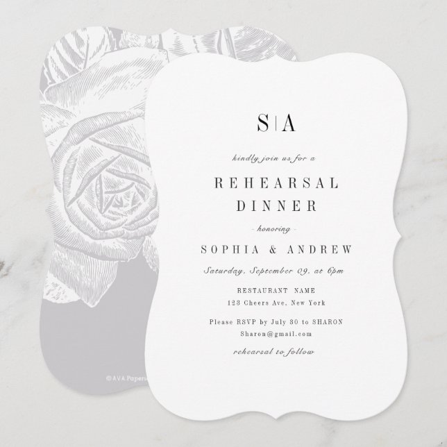 Sophisticated monogram minimalist Rehearsal Dinner Invitation (Front/Back)