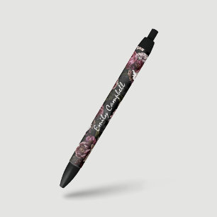 Sophisticated Moody White Rose Floral Black Ink Pen