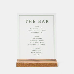 Sophisticated Muted Green Minimalist Bar Menu Acrylic Sign