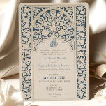 Sophisticated Navy and Cream Islamic Lace Wedding Invitation<br><div class="desc">This sophisticated wedding invitation marries the timeless elegance of navy blue with the softness of cream, presented through an exquisite Islamic lace design. The invitation showcases a detailed navy blue background with cream-coloured lace patterns, echoing the intricate artistry found in traditional Islamic motifs. The architectural arch design at the top...</div>
