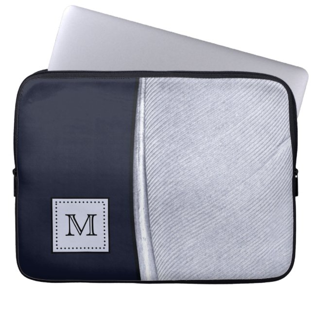 Sophisticated Navy and Silver Feather Monogram Laptop Sleeve (Front)