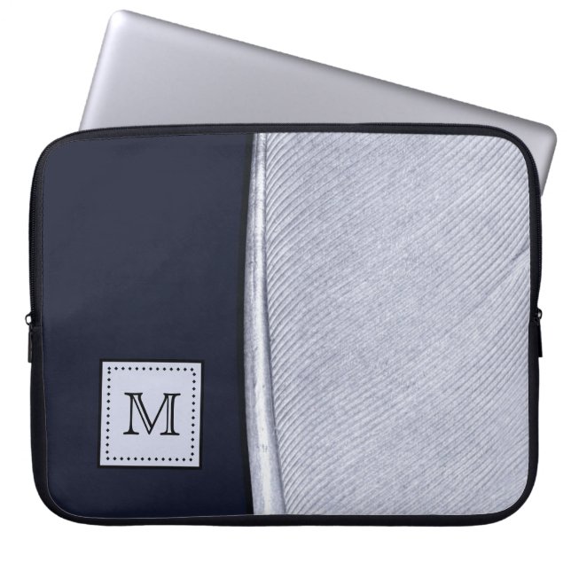 Sophisticated Navy and Silver Feather Monogram Laptop Sleeve (Front)