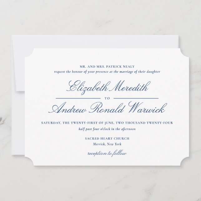 Sophisticated Navy Blue and White Lace Script  Invitation (Front)