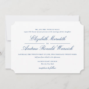Sophisticated Navy Blue and White Lace Script Invitation