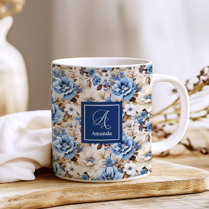 Sophisticated Navy Blue Flowers Personalised   Coffee Mug