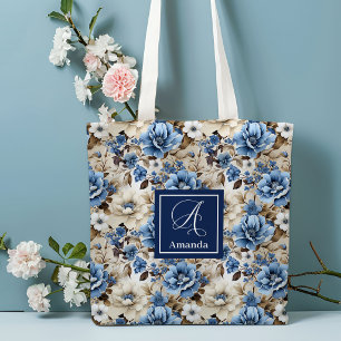 Sophisticated Navy Blue Flowers Personalised Tote  Bag