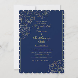 Sophisticated navy blue gold peony floral Wedding Invitation