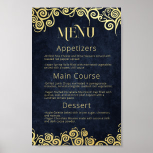 Sophisticated Navy Blue & Gold Swirls Wedding Menu Poster