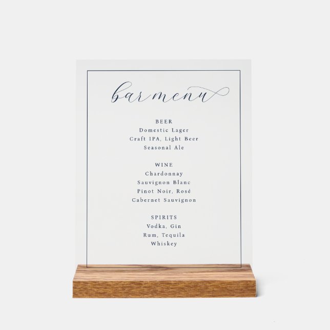 Sophisticated Navy Blue Minimalist Bar Menu Acrylic Sign (Front)