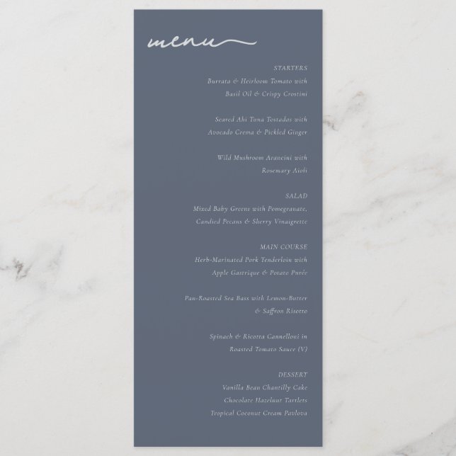Sophisticated Navy Blue Minimalist Wedding Menu (Front)