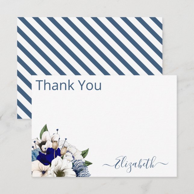 Sophisticated Navy Dusty Blue Floral Personalised Thank You Card (Front/Back)