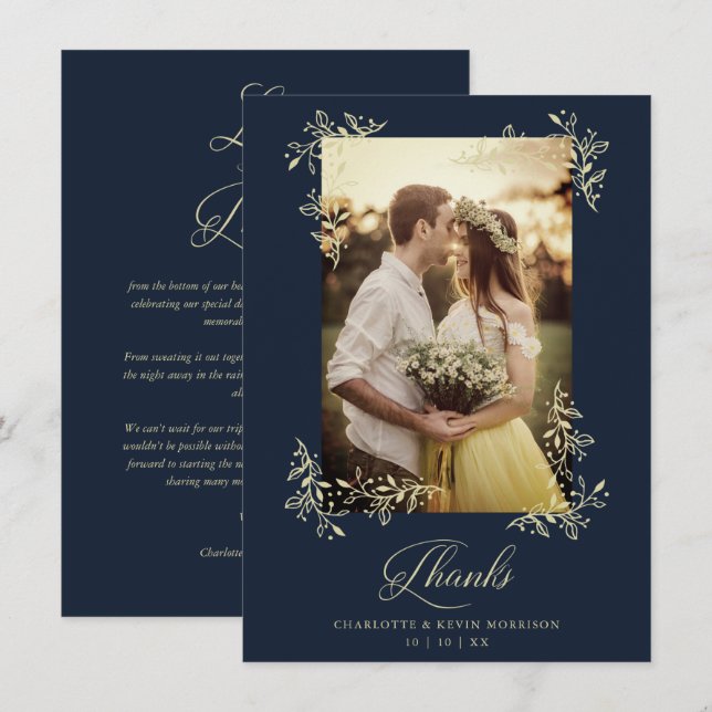Sophisticated Navy Flourish Photo Wedding Thanks Thank You Card (Front/Back)