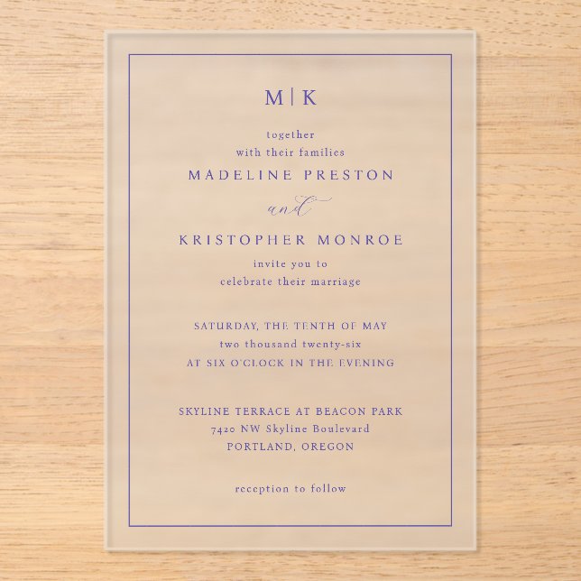 Sophisticated Navy Initials Acrylic Invitations (Front)