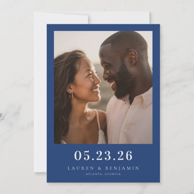 Sophisticated Navy Minimalist Photo Save The Date (Front)