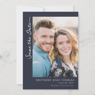 Sophisticated Navy Minimalist Portrait Save The Date