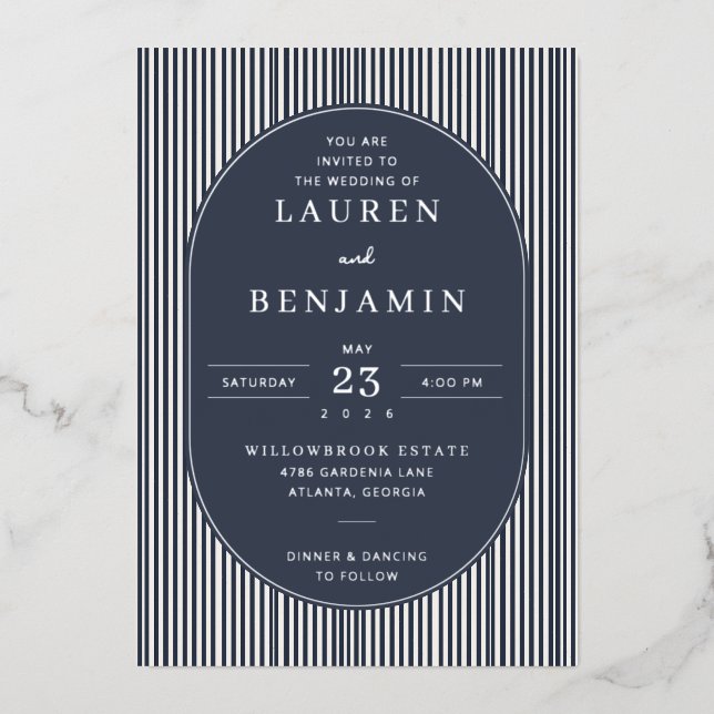 Sophisticated Navy Striped Wedding Invitation (Front)