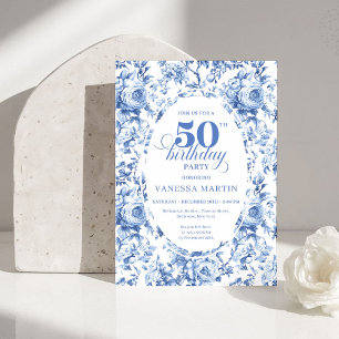 Sophisticated Navy Toile Rose 50th Birthday Invite