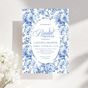 Sophisticated Navy Toile Rose Bridal Shower Invite