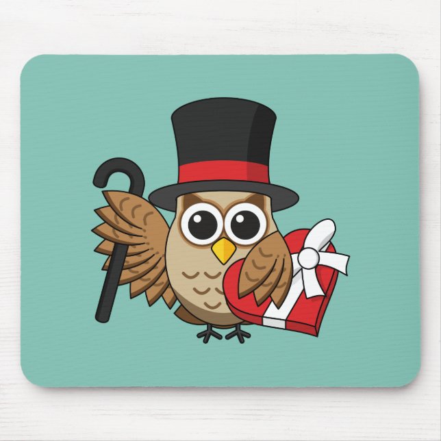 Sophisticated Owl with Heart Chocolate Box Mouse Mat (Front)