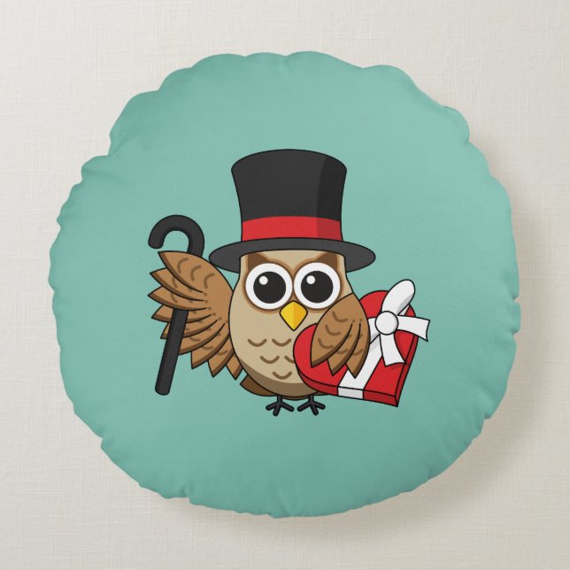 Sophisticated Owl with Heart Chocolate Box Round Cushion (Front)