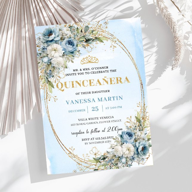 Sophisticated Pastel Blue Gold Eucalyptus Quince Invitation (Sophisticated Pastel Blue Gold Eucalyptus Quince)