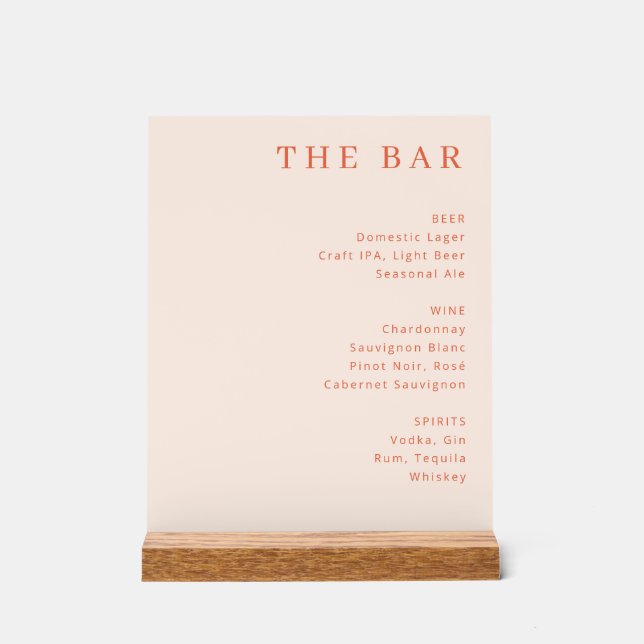 Sophisticated Peach Minimalist Bar Menu Acrylic Sign (Front)