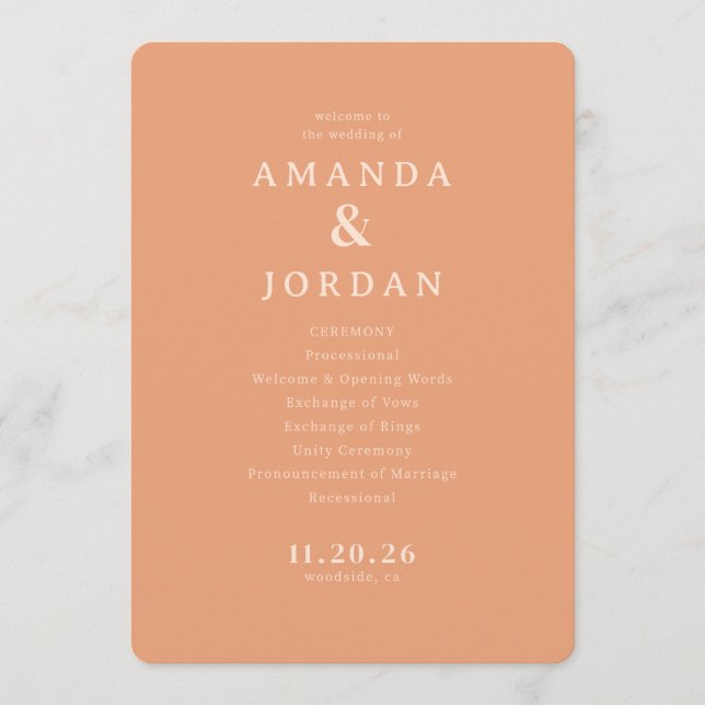 Sophisticated Peach Minimalist Wedding Ceremony Sc Programme (Front)