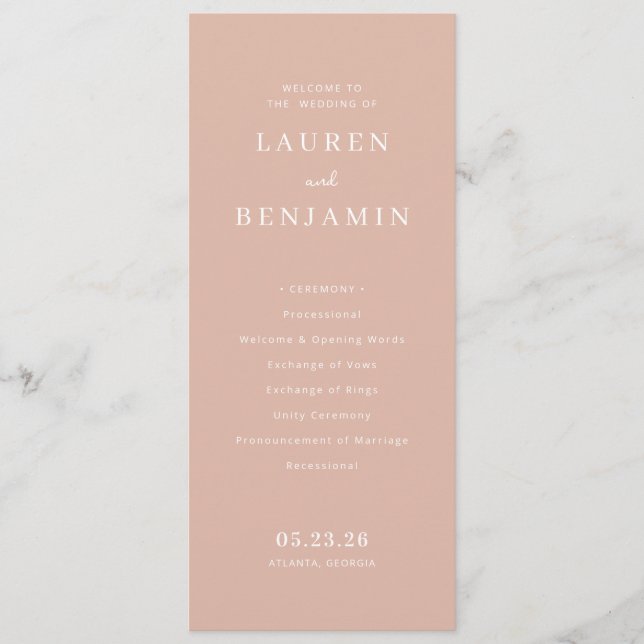 Sophisticated Peach Minimalist Wedding Schedule Programme (Front)