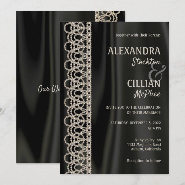 Sophisticated Pearls and Satin Wedding Invitation (Front/Back)