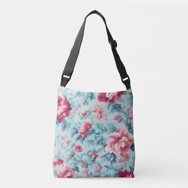 Sophisticated Pink Claret Flowers and Azure Leaves Crossbody Bag (Front)