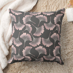 Sophisticated Pink Line Art Ginkgo on Dark Canvas Cushion
