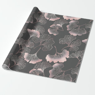 Sophisticated Pink Line Art Ginkgo on Dark Canvas Wrapping Paper