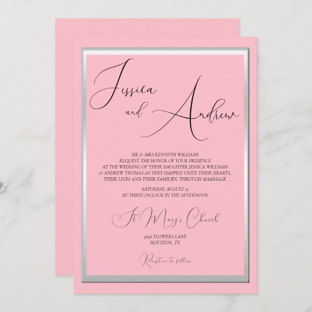 Sophisticated Pink & Silver Wedding Invitation (Front/Back)