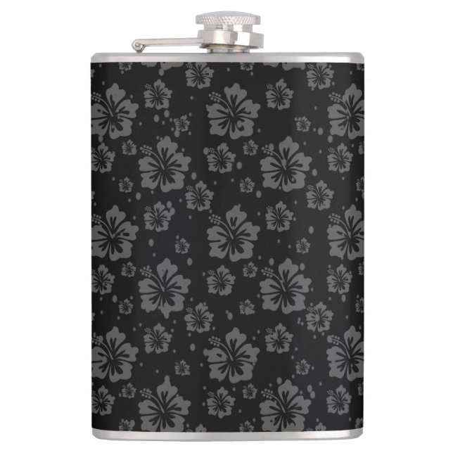 Sophisticated Plain Black Muted Floral  Hip Flask (Front)