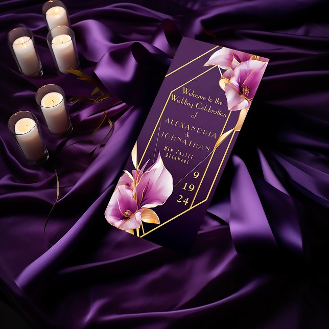 Sophisticated Purple and Gold Calla Lily Wedding Programme (Stylish Modern Purple and Gold Calla Lilies Wedding Program )