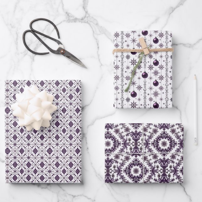 Sophisticated Purple and Silver Christmas Pattern Wrapping Paper Sheet (Front)