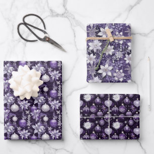 Sophisticated Purple & Silver Christmas Pattern Wrapping Paper Sheet