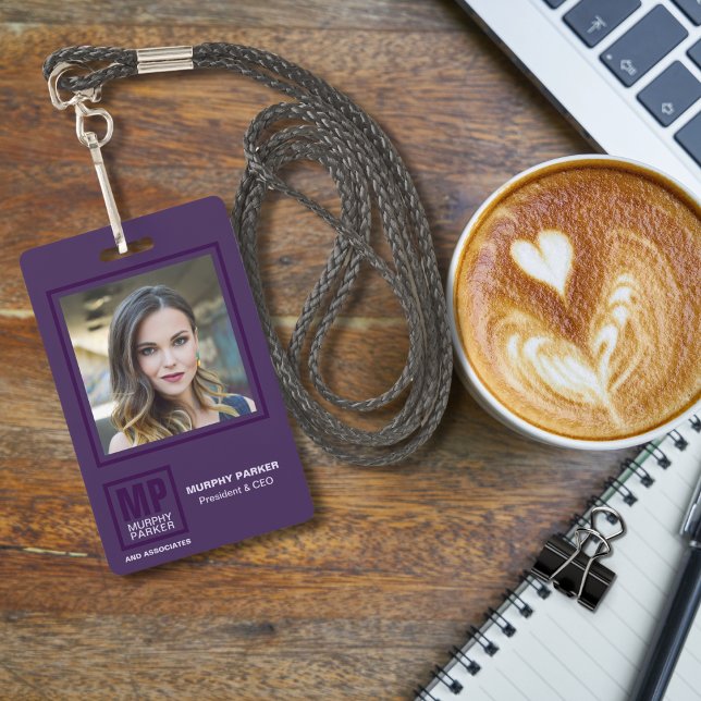 Sophisticated Purple Square Monogram Logo Photo Ba ID Badge (Creator Uploaded)