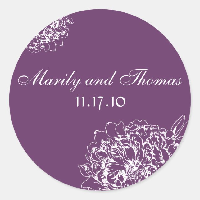 Sophisticated Purple White Floral Wedding Favour Classic Round Sticker (Front)