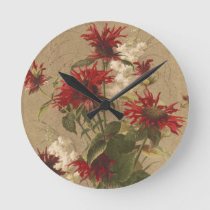 Sophisticated Red & Burgundy Floral Against Beige Round Clock