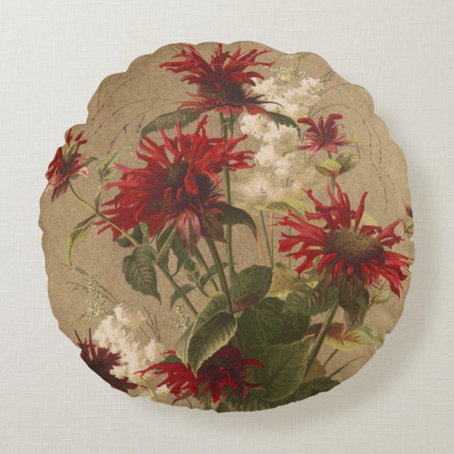 Sophisticated Red & Burgundy Floral Against Beige Round Cushion (Front)