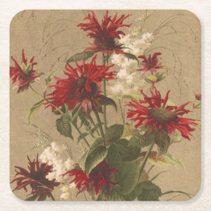 Sophisticated Red & Burgundy Floral Against Beige Square Paper Coaster
