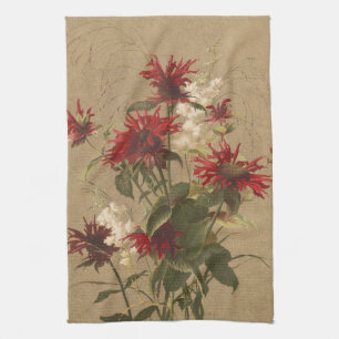 Sophisticated Red & Burgundy Floral Against Beige Tea Towel