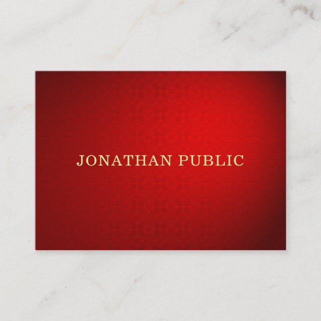 Sophisticated Red Damask Gold Text Elegant Trendy Business Card (Front)